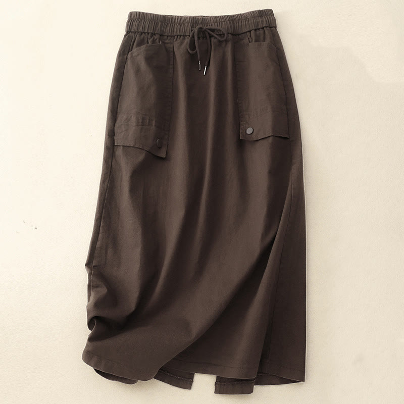 Nimara Ritual Vintage Plain Drawstring Button Design Slide Slite Women's Cotton Linen 7-8 Length Skirt With Pockets