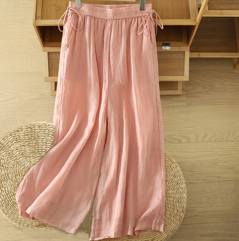 Nimara Ritual Casual Plain Lined Ribbon Elastic Women's Polyester Wide Leg Pants With Pockets