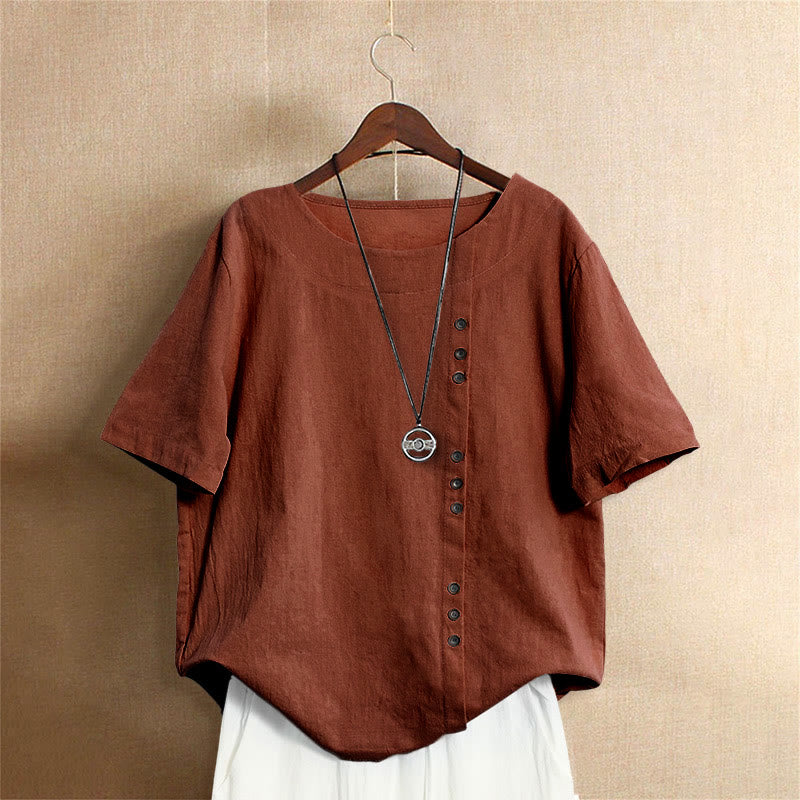 Nimara Ritual Casual Summer Pure Color Jacquard Button Crew Neck Women's Short Sleeve T-Shirt