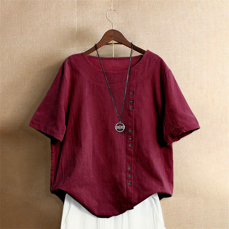 Nimara Ritual Casual Summer Pure Color Jacquard Button Crew Neck Women's Short Sleeve T-Shirt