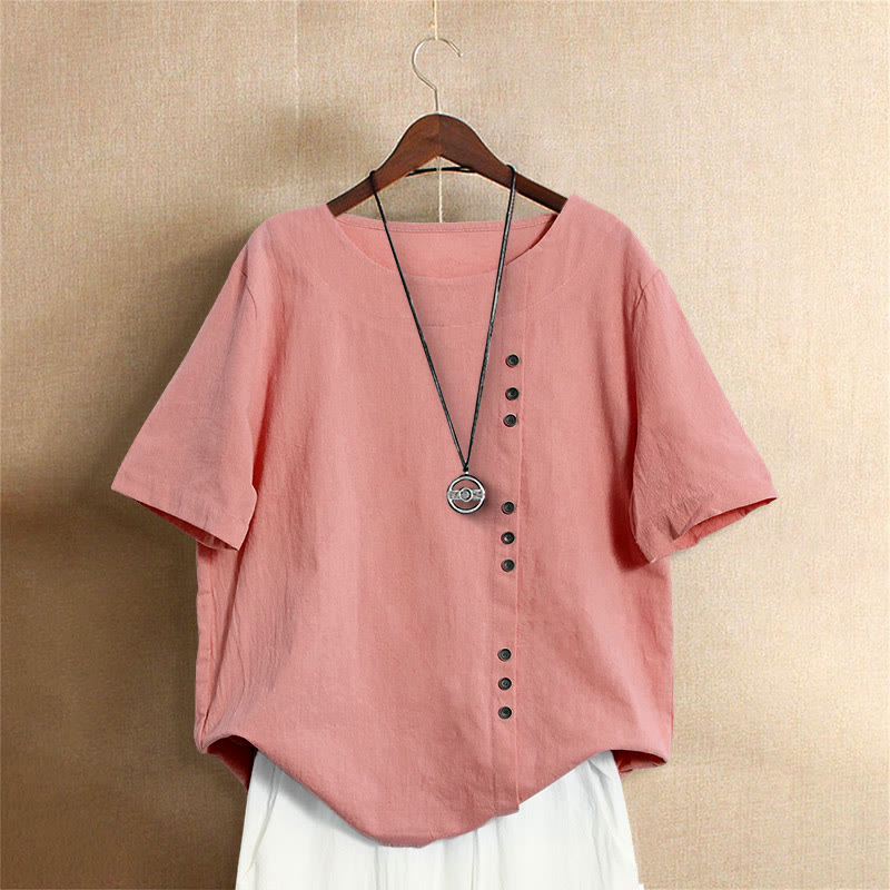 Nimara Ritual Casual Summer Pure Color Jacquard Button Crew Neck Women's Short Sleeve T-Shirt