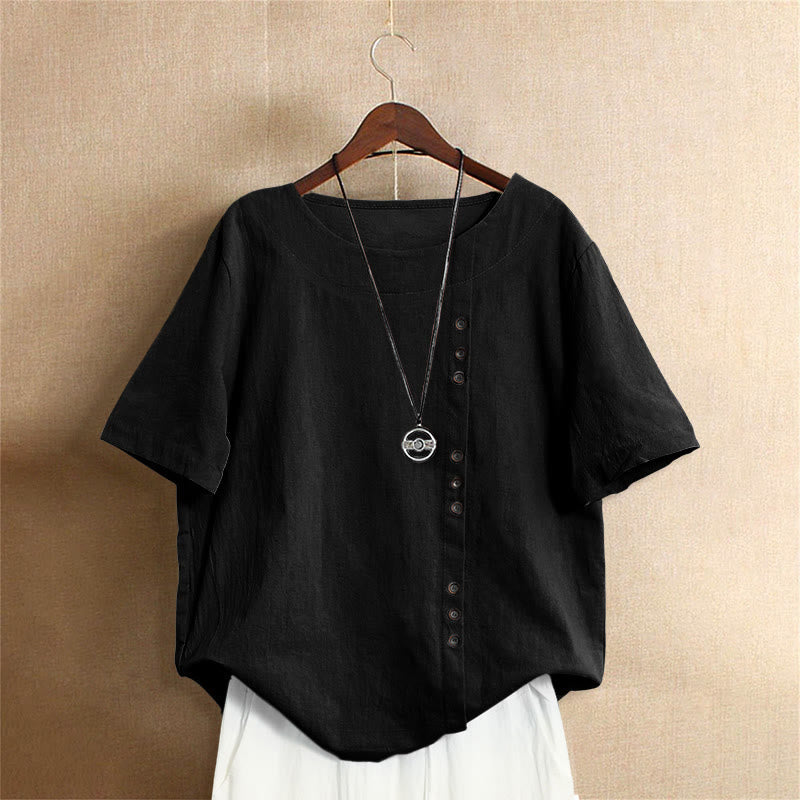 Nimara Ritual Casual Summer Pure Color Jacquard Button Crew Neck Women's Short Sleeve T-Shirt