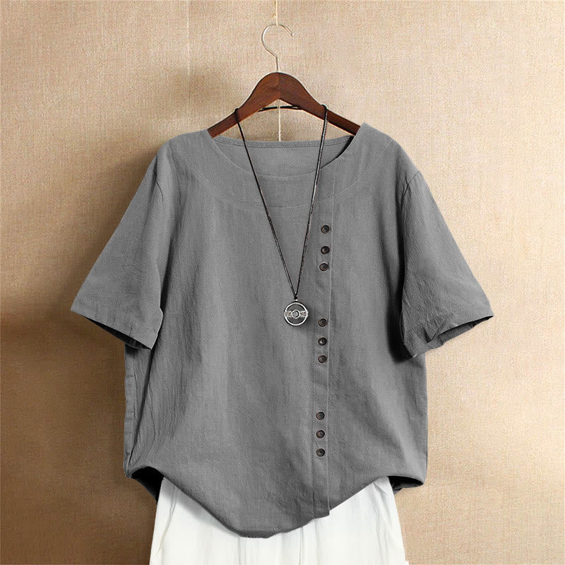 Nimara Ritual Casual Summer Pure Color Jacquard Button Crew Neck Women's Short Sleeve T-Shirt