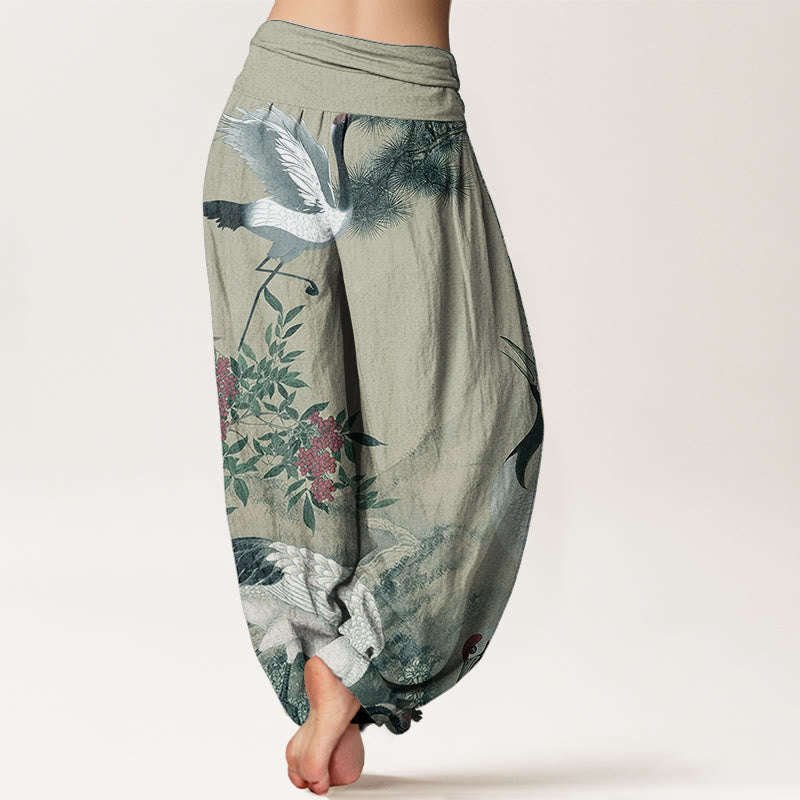 Nimara Ritual Pure Cotton Casual Red-crowned Crane Pine Tree Mountain Women's Elastic Waist Harem Pants