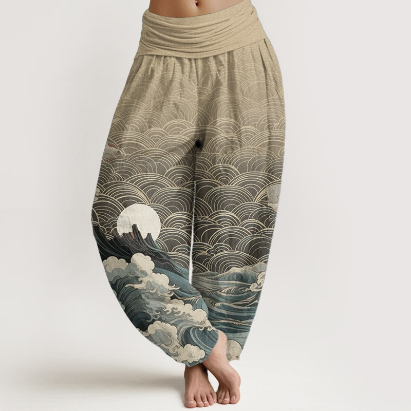 Nimara Ritual Pure Cotton Casual Wave Moon Mountain Pattern Women's Elastic Waist Harem Pants