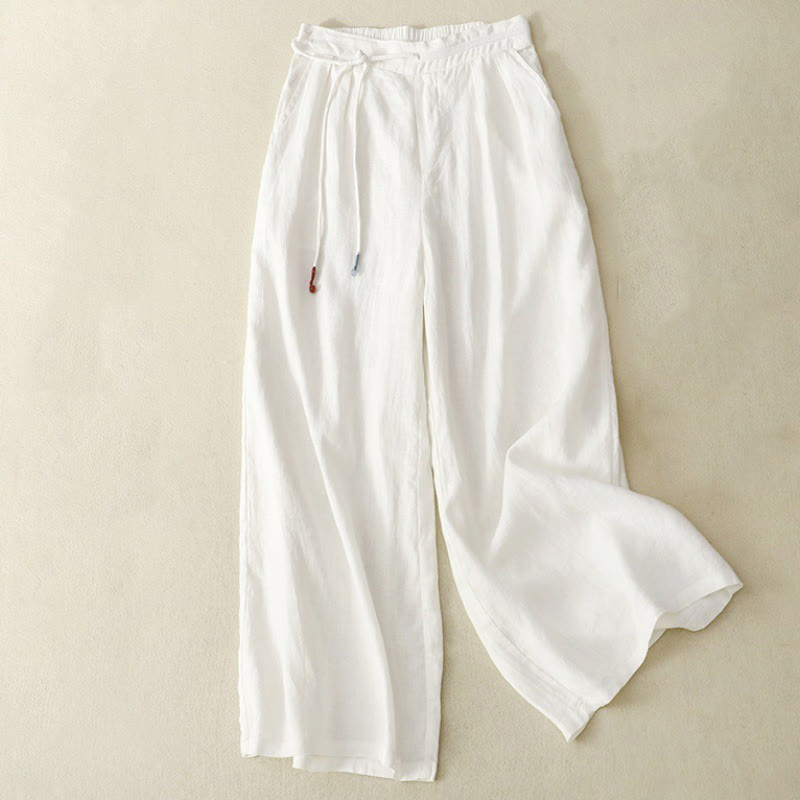 Nimara Ritual Spring Casual Solid Color Drawstring Design Women's Cotton Linen 7-8 Length Wide Leg Pants With Pockets