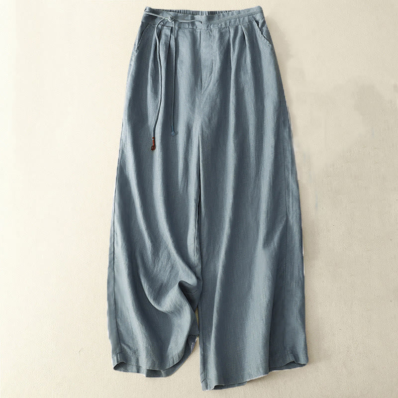 Nimara Ritual Spring Casual Solid Color Drawstring Design Women's Cotton Linen 7-8 Length Wide Leg Pants With Pockets