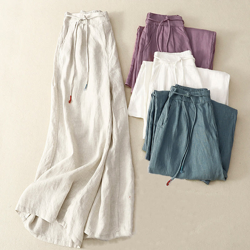 Nimara Ritual Spring Casual Solid Color Drawstring Design Women's Cotton Linen 7-8 Length Wide Leg Pants With Pockets