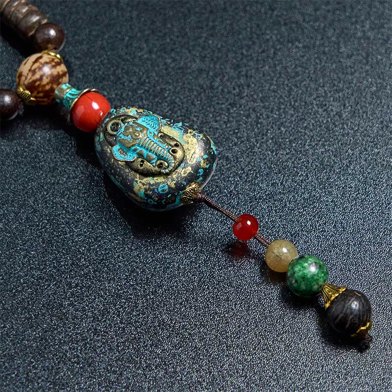 Nimara Ritual Tibetan Handmade Wenge Wood Protection Dzi Bead Elephant Head Necklace Pendant