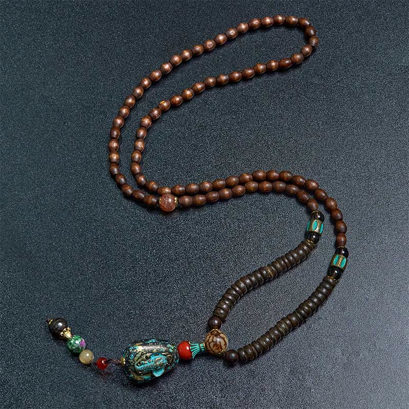 Nimara Ritual Tibetan Handmade Wenge Wood Protection Dzi Bead Elephant Head Necklace Pendant