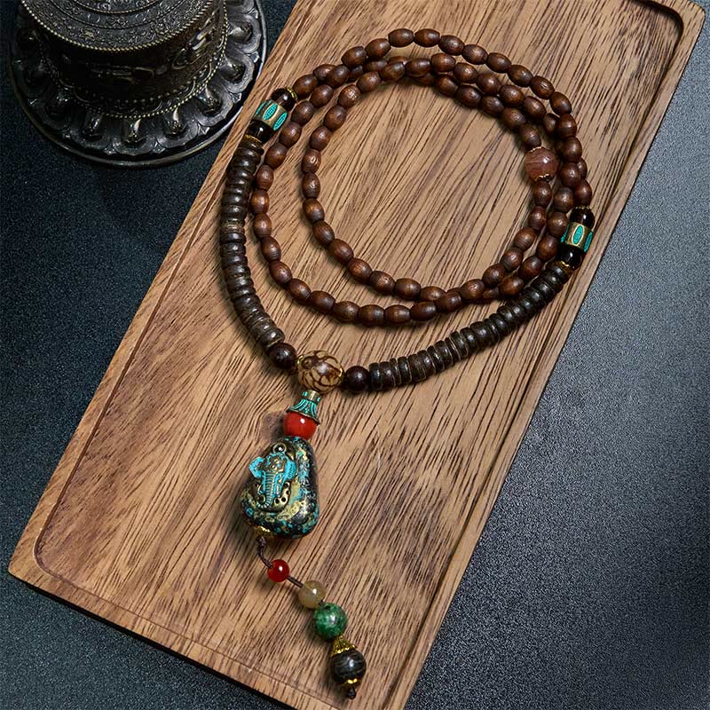 Peace and Protection Tibetan Handmade Wenge Wood Dzi Bead Elephant Head Necklace Pendant