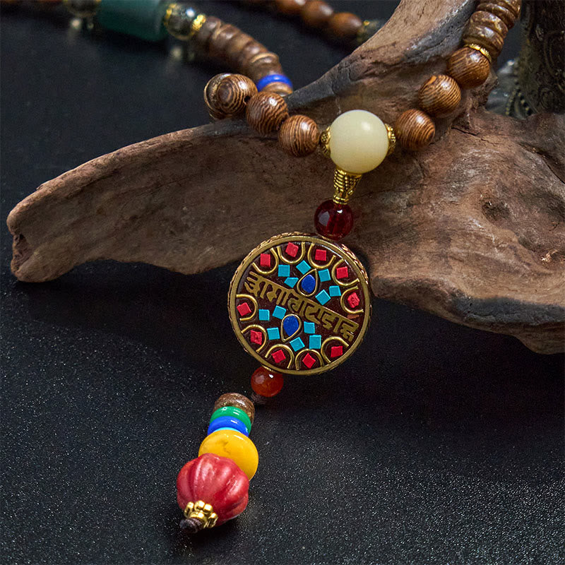 Nimara Ritual Tibetan Handmade Coconut Shell Schima Wood Great Bright Mantra Copper Bead Balance Necklace Pendant