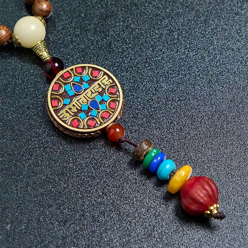 Nimara Ritual Tibetan Handmade Coconut Shell Schima Wood Great Bright Mantra Copper Bead Balance Necklace Pendant