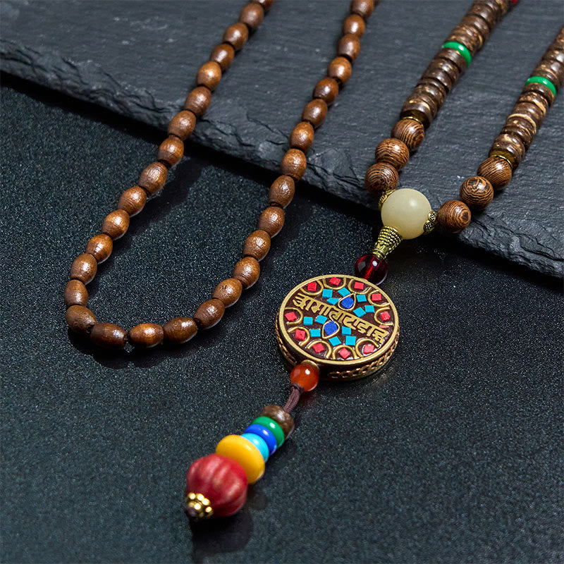 Nimara Ritual Tibetan Handmade Coconut Shell Schima Wood Great Bright Mantra Copper Bead Balance Necklace Pendant