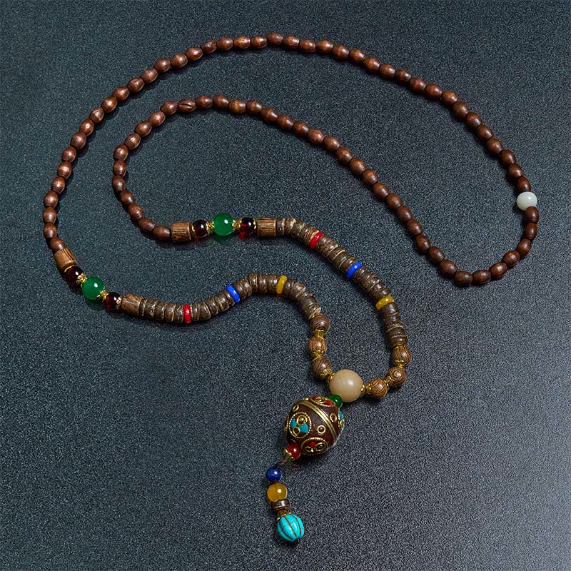 Nimara Ritual Tibetan Handmade Coconut Shell Schima Wood Great Bright Mantra Copper Bead Balance Necklace Pendant