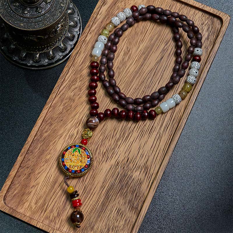 Peace and Creativity Tibetan Handmade Wood Beads Om Mani Padme Hum Samantabhadra Bodhisattva Necklace Pendant