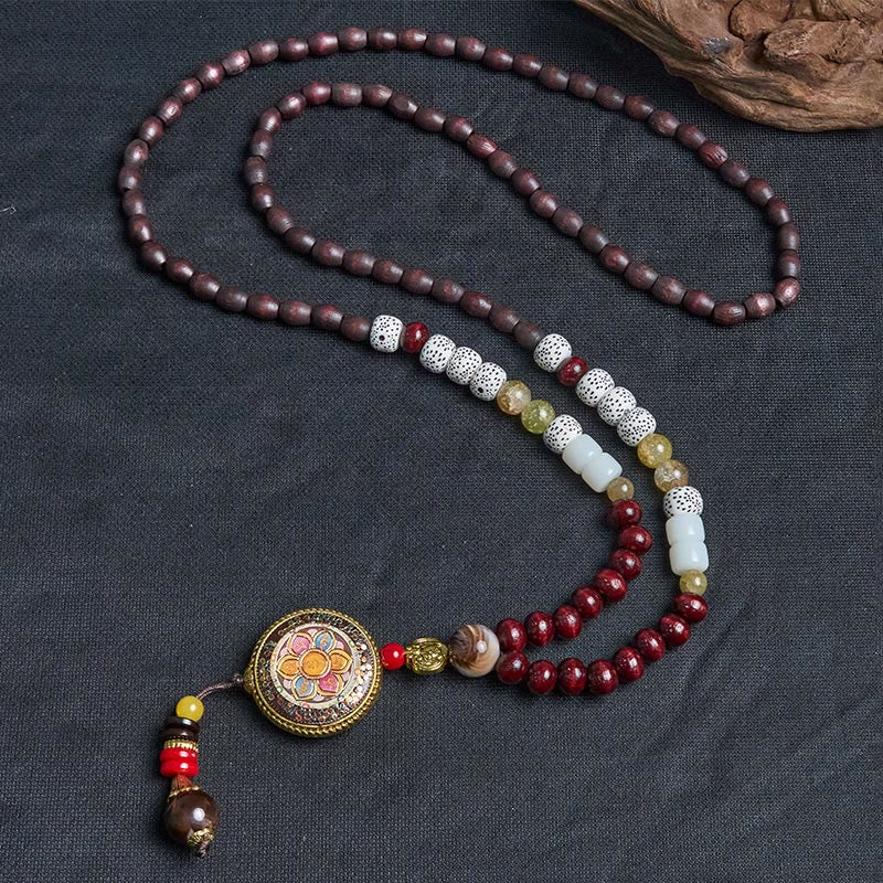 Nimara Ritual Tibetan Handmade Wood Beads Om Mani Padme Hum Samantabhadra Bodhisattva Purity Necklace Pendant