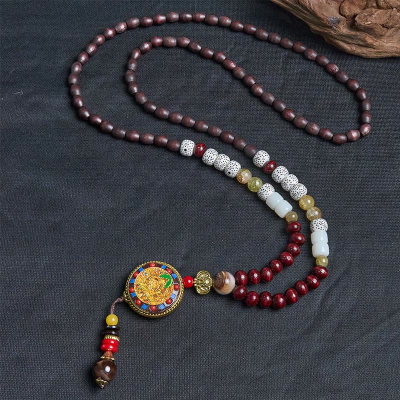 Nimara Ritual Tibetan Handmade Wood Beads Om Mani Padme Hum Samantabhadra Bodhisattva Purity Necklace Pendant