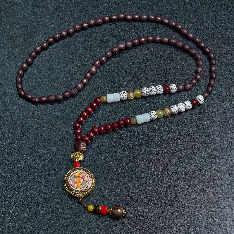 Nimara Ritual Tibetan Handmade Wood Beads Om Mani Padme Hum Samantabhadra Bodhisattva Purity Necklace Pendant