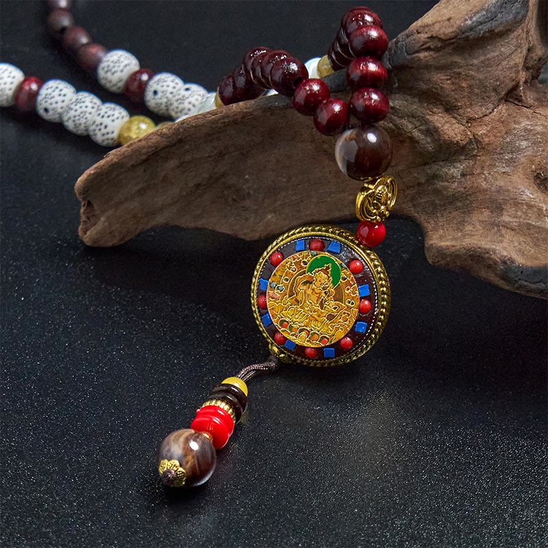 Peace and Creativity Tibetan Handmade Wood Beads Om Mani Padme Hum Samantabhadra Bodhisattva Necklace Pendant