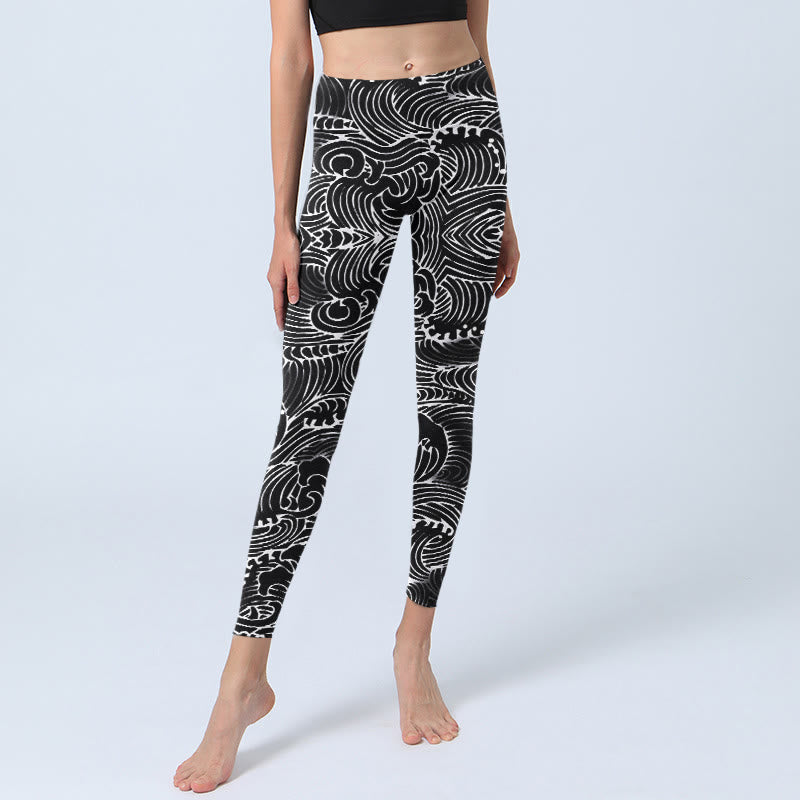 Nimara Ritual White Line Waves Pattern Print Gym Leggings Women's Yoga Pants