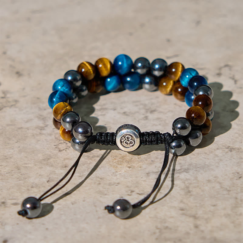 Nimara Ritual Natural Blue Tiger Eye Black Magnetite Om Pattern Double Row Beads Strength Bracelet