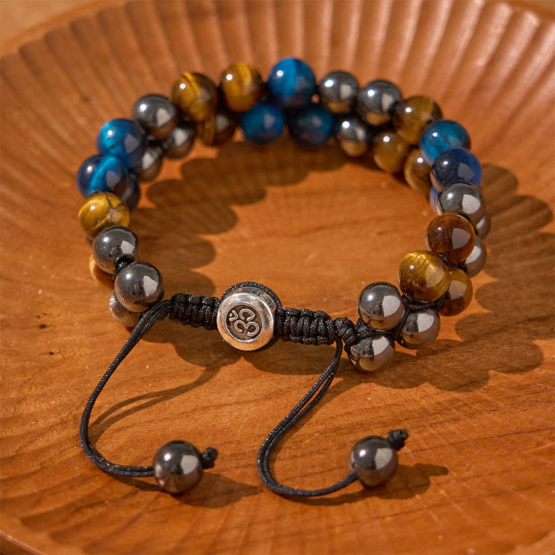 Nimara Ritual Natural Blue Tiger Eye Black Magnetite Om Pattern Double Row Beads Strength Bracelet