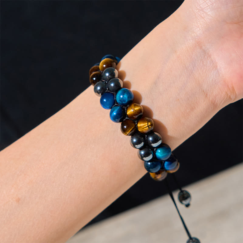 Nimara Ritual Natural Blue Tiger Eye Black Magnetite Om Pattern Double Row Beads Strength Bracelet