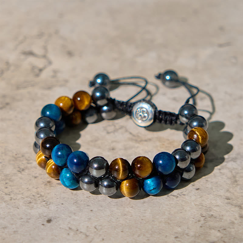 Nimara Ritual Natural Blue Tiger Eye Black Magnetite Om Pattern Double Row Beads Strength Bracelet