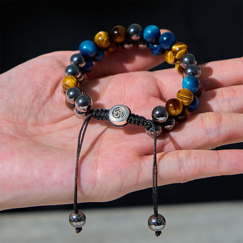 Nimara Ritual Natural Blue Tiger Eye Black Magnetite Om Pattern Double Row Beads Strength Bracelet