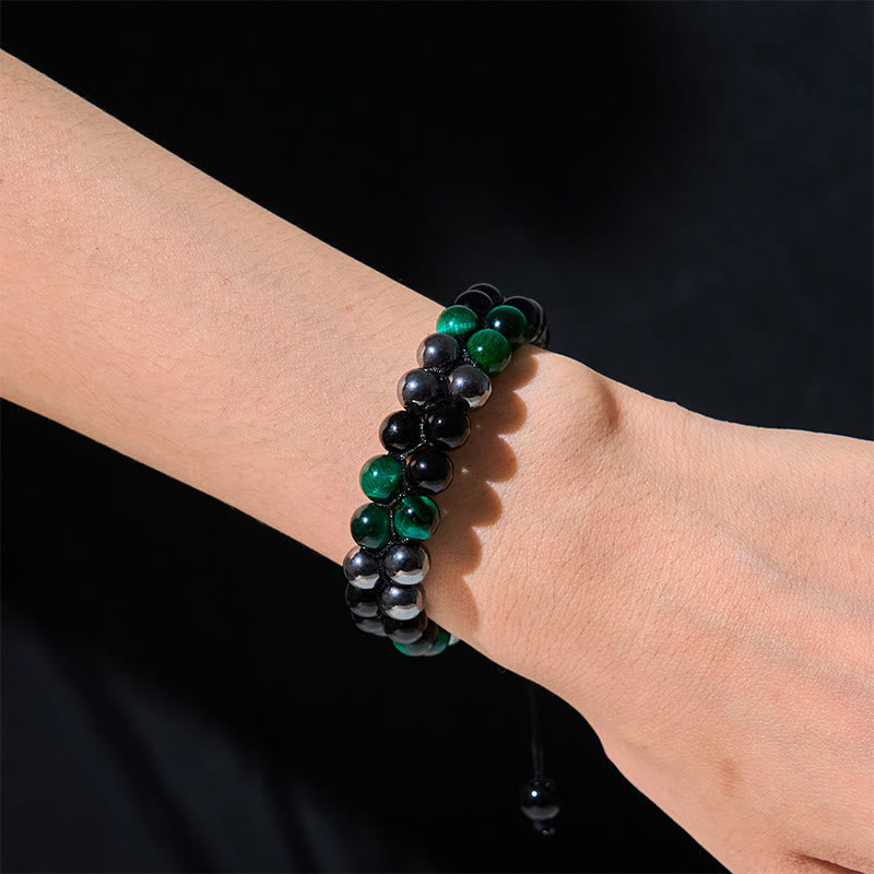 Nimara Ritual Natural Green Tiger Eye Black Magnetite Black Obsidian Double Row Beads Positive Bracelet