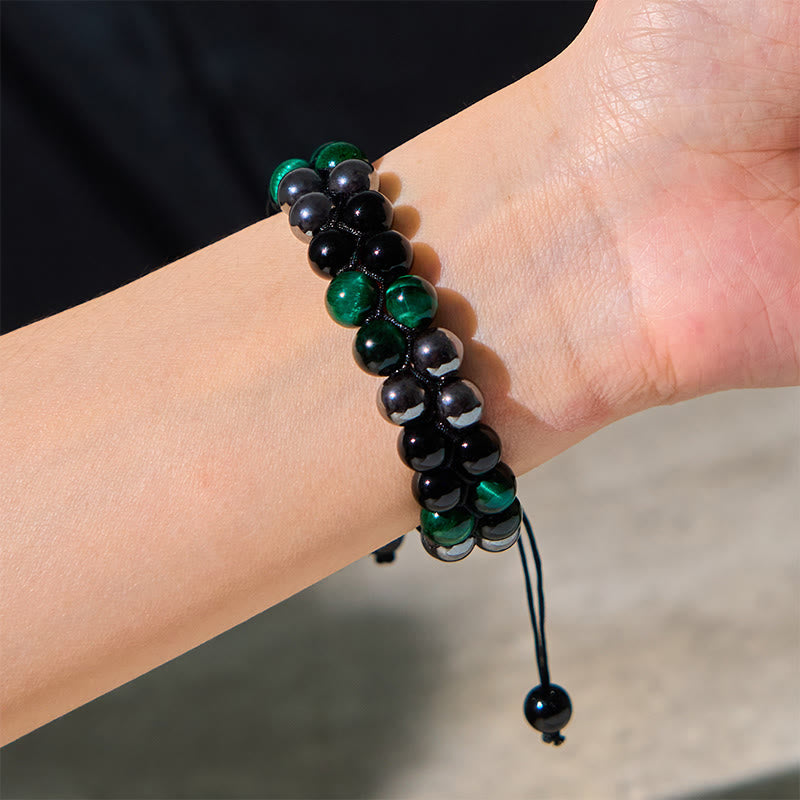 Nimara Ritual Natural Green Tiger Eye Black Magnetite Black Obsidian Double Row Beads Positive Bracelet