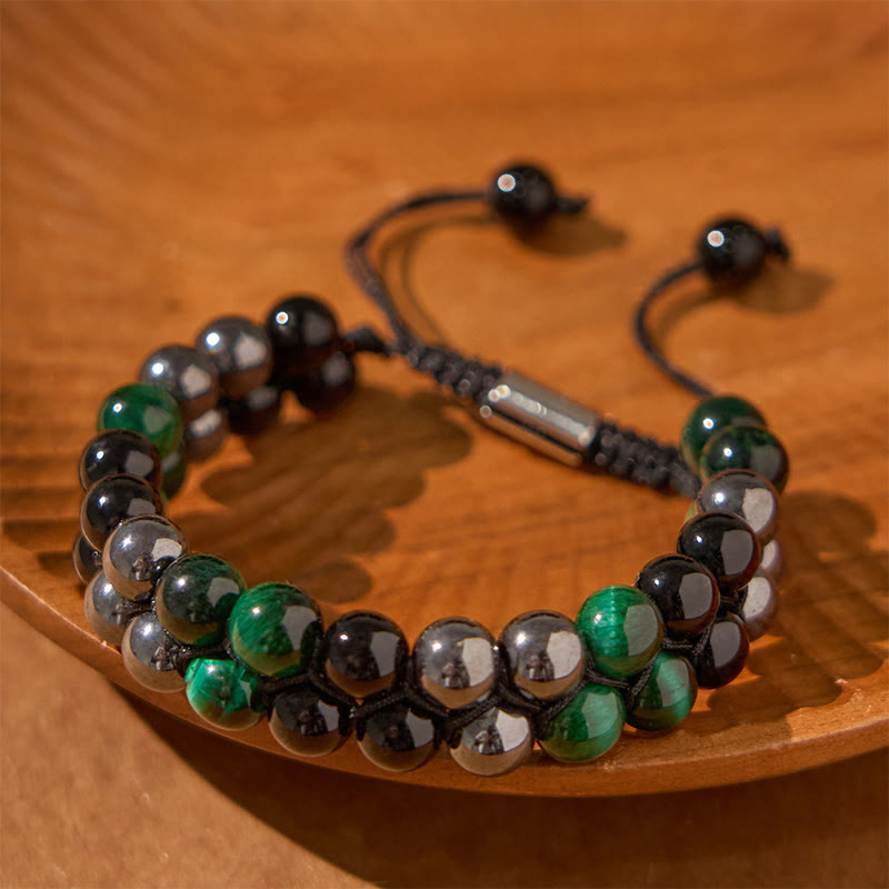 Nimara Ritual Natural Green Tiger Eye Black Magnetite Black Obsidian Double Row Beads Positive Bracelet