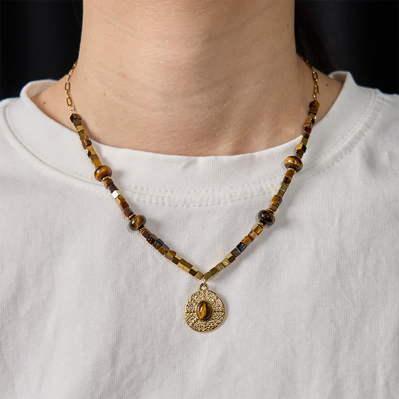 Nimara Ritual Natural Tiger Eye Square Protection Titanium Steel Necklace Pendant