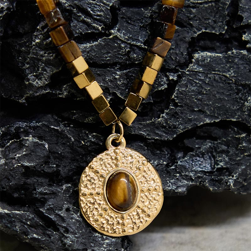 Nimara Ritual Natural Tiger Eye Square Protection Titanium Steel Necklace Pendant