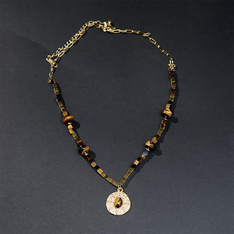 Nimara Ritual Natural Tiger Eye Square Protection Titanium Steel Necklace Pendant