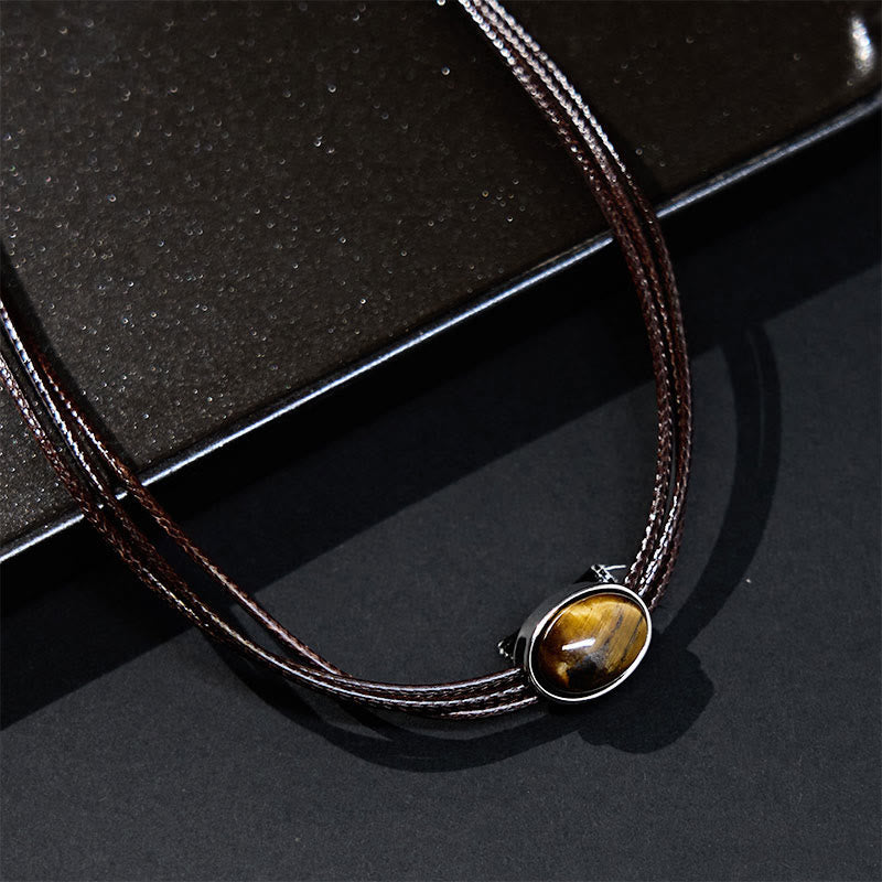 Nimara Ritual Natural Tiger Eye Ellipse Protection Wax Rope Necklace Pendant
