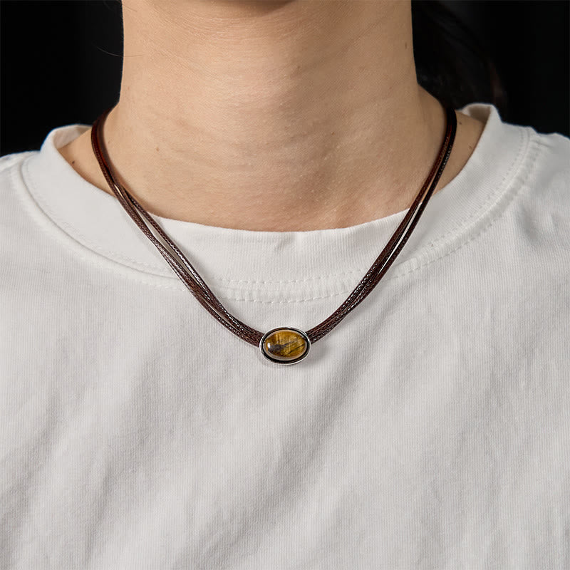 Nimara Ritual Natural Tiger Eye Ellipse Protection Wax Rope Necklace Pendant