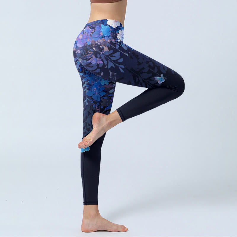 Nimara Ritual Purple Flower Butterfly Pattern Print Gym Leggings Women's Yoga Pants