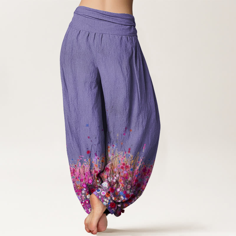 Nimara Ritual Cotton Casual Colorful Wildflower Field Pattern Women's Elastic Waist Harem Pants
