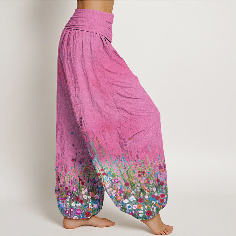 Nimara Ritual Cotton Casual Colorful Wildflower Field Pattern Women's Elastic Waist Harem Pants