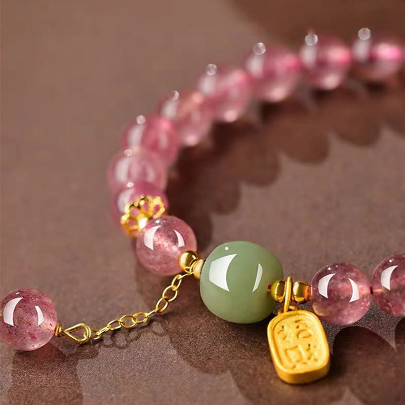 Nimara Ritual Natural Strawberry Quartz Fu Character Jade Positive Healing Bracelet
