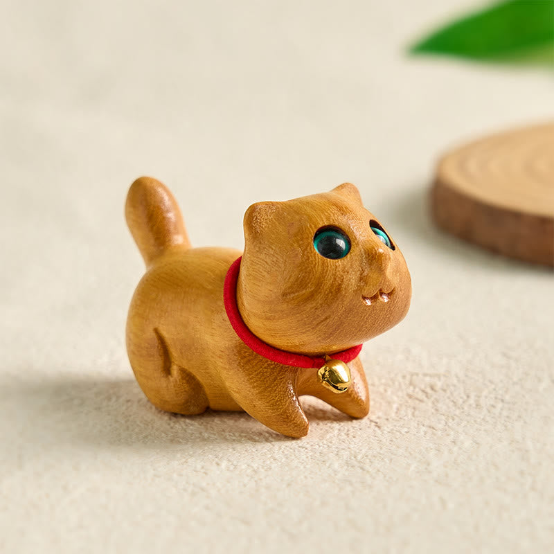Nimara Ritual Mini Sandalwood Carved Lucky Confident Cat Healing Decoration