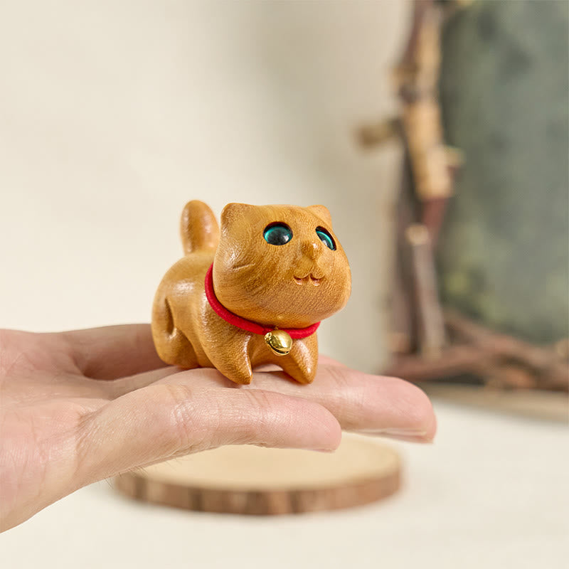 Nimara Ritual Mini Sandalwood Carved Lucky Confident Cat Healing Decoration