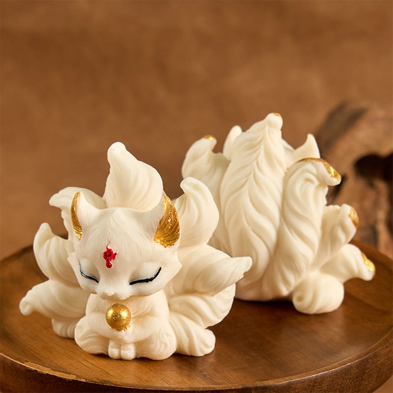Nimara Ritual Small Nine Tailed Fox Carved Ivory Fruit Support Home Decoration