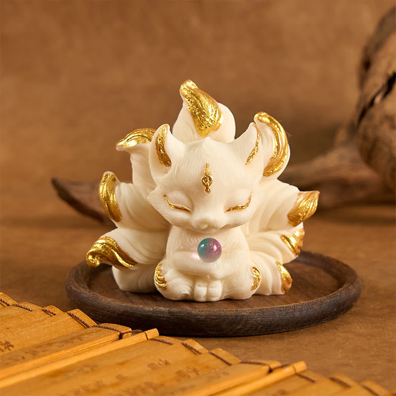 Nimara Ritual Small Nine Tailed Fox Carved Ivory Fruit Support Home Decoration