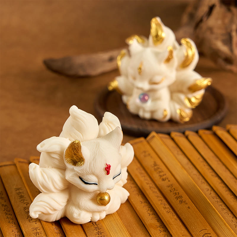 Nimara Ritual Small Nine Tailed Fox Carved Ivory Fruit Support Home Decoration
