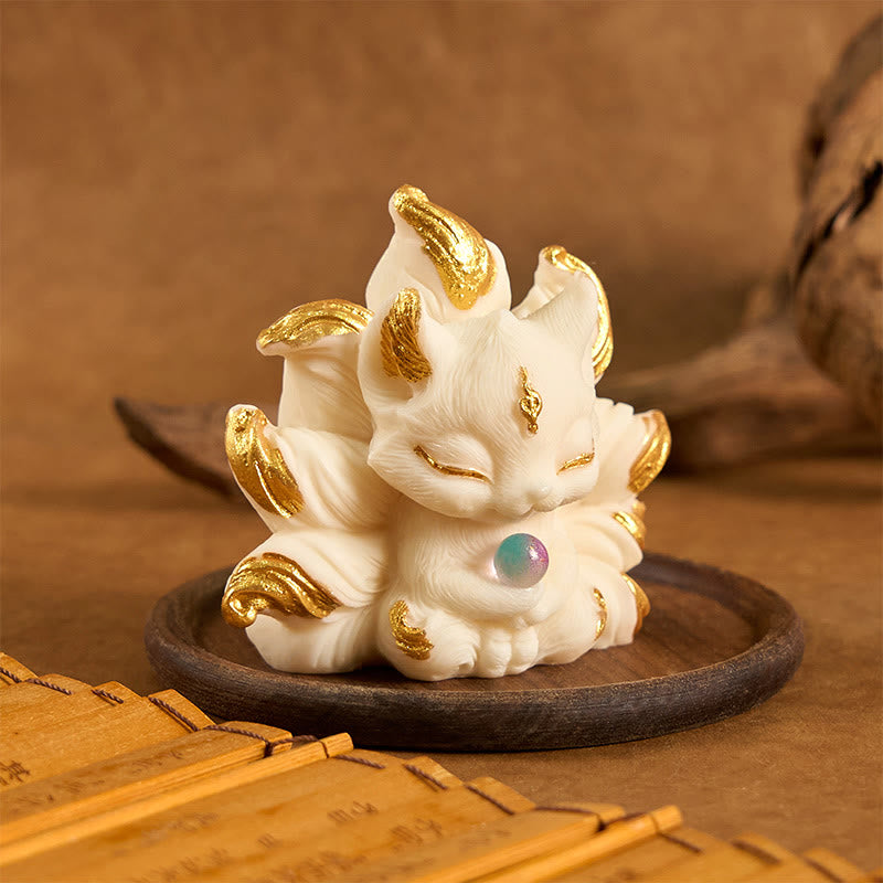 Nimara Ritual Small Nine Tailed Fox Carved Ivory Fruit Support Home Decoration