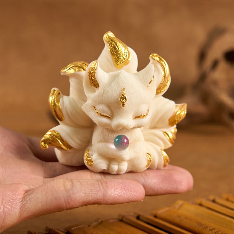 Nimara Ritual Small Nine Tailed Fox Carved Ivory Fruit Support Home Decoration