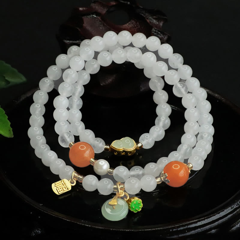Nimara Ritual Natural White Jade Multi-layer Gourd Peace Buckle Fu Character Luck Bracelet
